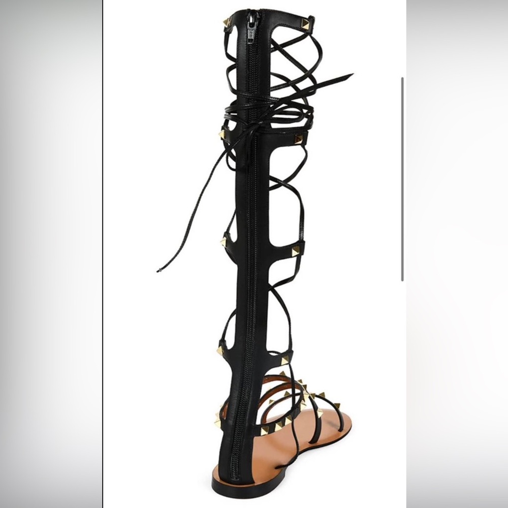 Valentino Rockstud Flat Gladiator Sandal Black Knee high Tall lace up  SZ 39 - Picture 2 of 7